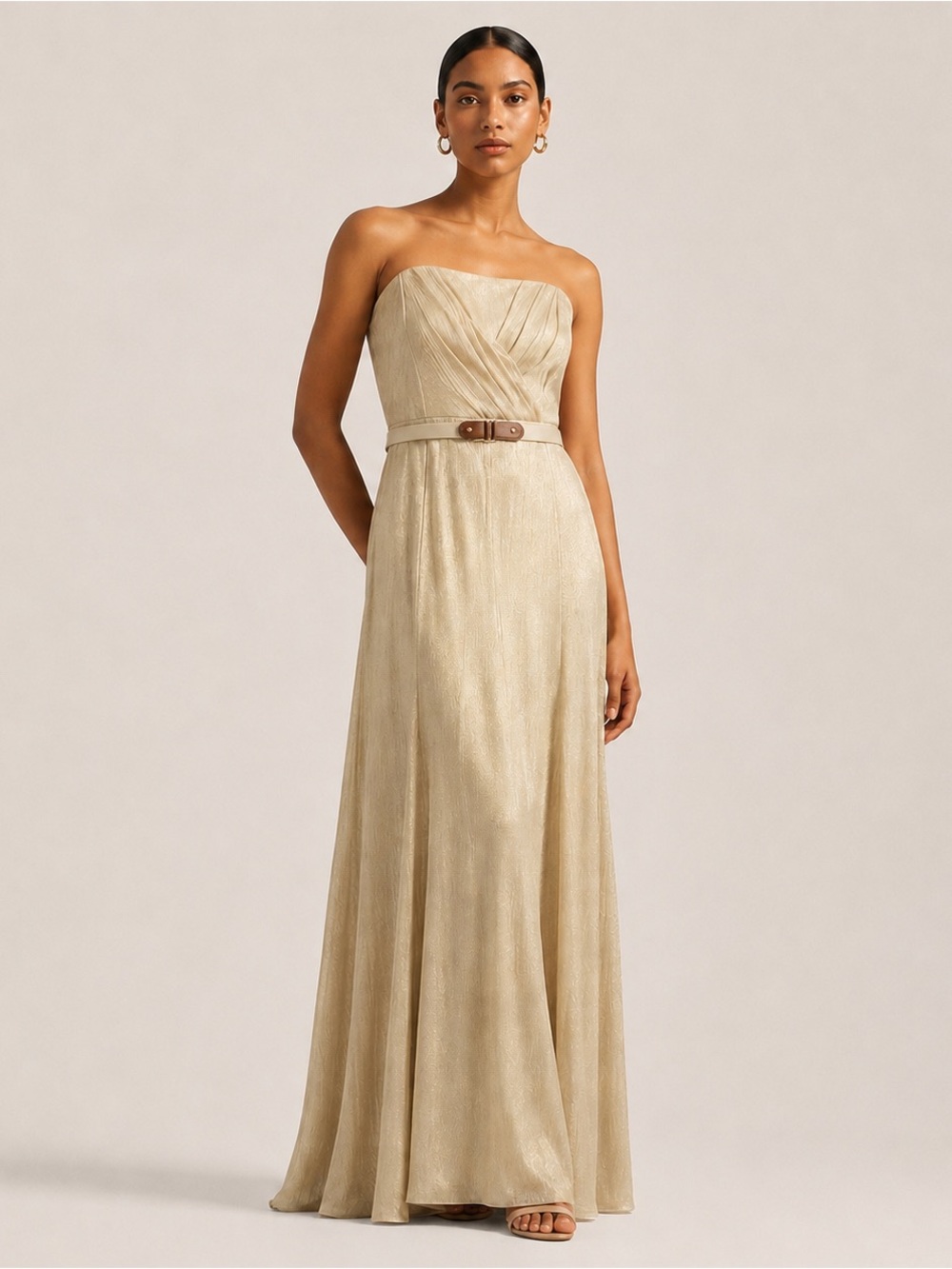 NWT LAUREN RALPH LAUREN Gold Shimmer Strapless Belted Evening Dress Gown